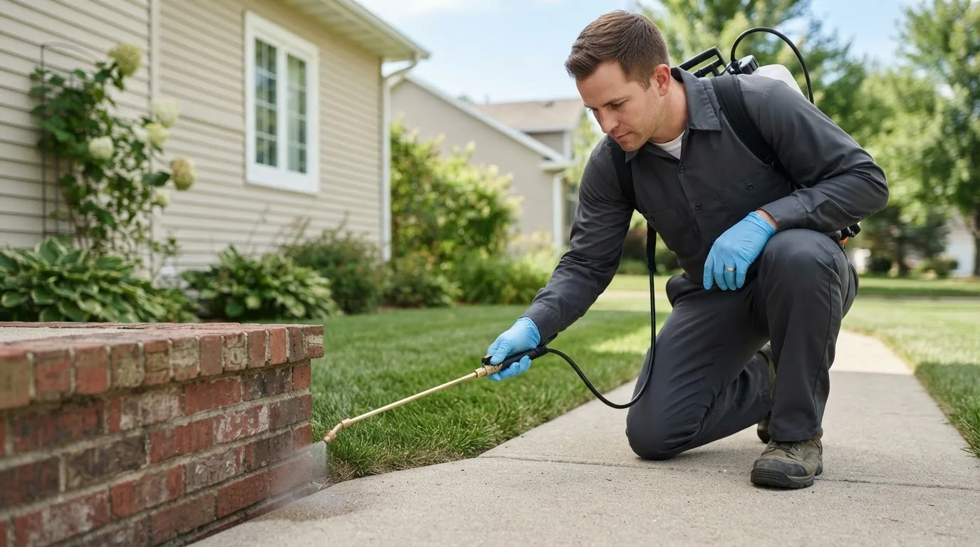 Pest control technician treating a home near Huntingburg, IN