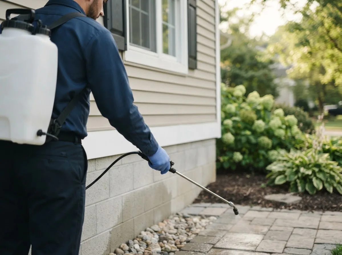 Pest control technician inspecting a home in Huntingburg, IN